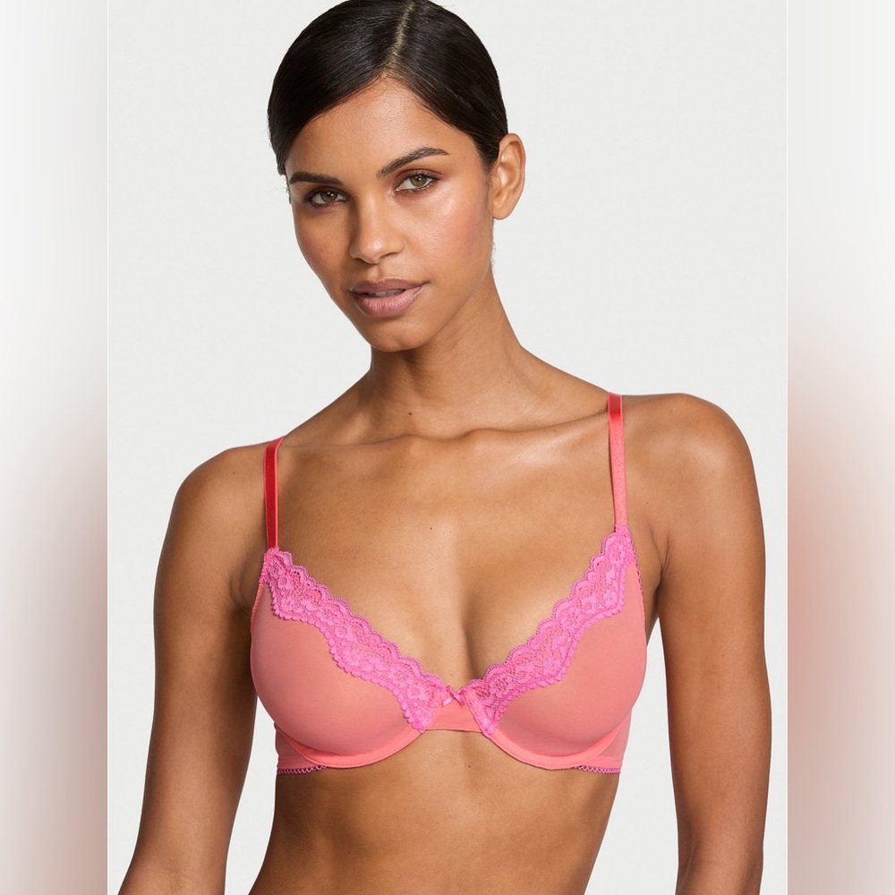 Victoria’s Secret Tease Lace Trim Coral and Pink Unlined Demi Bra & Cheeky Panty